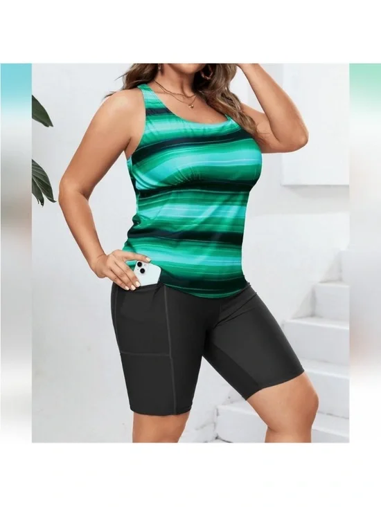 AQUA EVE PLUS SIZE 2 Piece Criss Cross Tummy Control Tankini Swimsuit - Picture 2 of 4